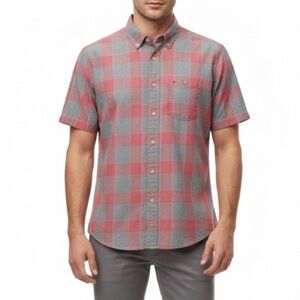 Tommy Hilfiger Mens Shirt Short Sleeve Button Down Red Grey Plaid Cotton Small